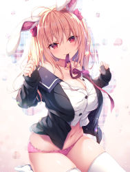 Rule 34 | 1girl, ahoge, animal ears, banned artist, black jacket, blazer, blonde hair, bow, bowtie, breasts, bright pupils, buttons, cleavage, crop top, dress shirt, fake animal ears, jacket, konomi (kino konomi), large breasts, long hair, long sleeves, looking at viewer, mouth hold, navel, no pants, off shoulder, open clothes, open jacket, original, panties, pink panties, rabbit ears, red eyes, shirt, skindentation, smile, solo, stomach, thighhighs, thighs, underwear, white shirt, white thighhighs
