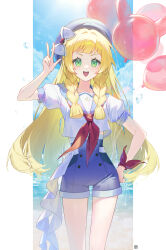 1girl :d absurdres alternate_costume blonde_hair bow braid cloud commentary_request creatures_(company) day game_freak green_eyes hand_on_own_hip hand_up hat highres korean_commentary lillie_(pokemon) long_hair looking_at_viewer mongguri nintendo open_mouth outdoors pokemon pokemon_sm ribbon sailor_collar shirt short_sleeves shorts sky smile solo twin_braids w white_shirt wrist_ribbon