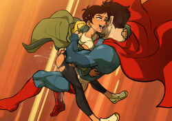 Rule 34 | 1boy, 1girl, ass, blush, cape, censored, clothed sex, dark skin, dc comics, earrings, green jacket, hetero, hug, jacket, jcm2, jewelry, lois lane, my adventures with superman, red cape, sex, short hair, superhero costume, superman, superman (series), tongue, tongue out, white footwear