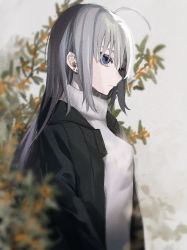 Rule 34 | 1girl, absurdres, ahoge, blue eyes, blurry, blurry background, blurry foreground, branch, closed mouth, depth of field, earrings, flower, from side, grey hair, highres, jacket, jewelry, long hair, long sleeves, migihidari (puwako), open clothes, open jacket, orange flower, original, solo, sweater, upper body, white sweater