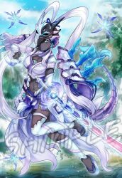 Rule 34 | 1girl, blue eyes, bodysuit, breasts, bug, butterfly, concept art, dragon girl, dragon tail, full body, full body suit, helmet, holding, holding sword, holding weapon, insect, long hair, looking at viewer, mask, medium breasts, mountain, official art, purple skirt, sample watermark, skirt, sword, swordsoul of mo ye, tail, thick thighs, thighhighs, thighs, watermark, weapon, white hair, yu-gi-oh!