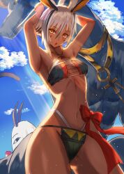 Rule 34 | 1girl, absurdres, armpits, arms up, blue sky, cloud, dark-skinned female, dark skin, fate/grand order, fate (series), highres, inugami86, medjed (fate), navel, nitocris alter (fate), open mouth, short hair, sky, swimsuit, white hair, yellow eyes