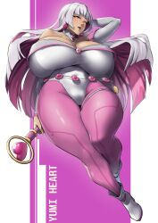 breasts curvy gigantic_breasts highres leotard magical_girl mature_female megaflare8 multicolored_hair non-web_source original pink_eyes pink_hair pink_lips tan white_hair yumi_heart_(megaflare8)