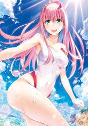 Rule 34 | 1girl, :d, alternate hairstyle, ass, blue sky, breasts, cleavage, cloud, cloudy sky, competition swimsuit, contrapposto, covered navel, darling in the franxx, day, dutch angle, eyeliner, green eyes, hairband, highres, horns, long hair, looking at viewer, makeup, medium breasts, official art, one-piece swimsuit, oni horns, open mouth, outdoors, pink hair, ponytail, red horns, shiny skin, sidelocks, sky, smile, solo, splashing, standing, straight hair, sunlight, swimsuit, teeth, wading, water, wet, white hairband, white one-piece swimsuit, yabuki kentarou, zero two (darling in the franxx)