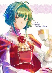 Rule 34 | 1girl, asellus (saga frontier), breasts, cape, closed mouth, copyright name, cup, flower, green eyes, green hair, highres, holding, holding cup, looking at viewer, miyama (lacrima01), red cape, red flower, red rose, rose, saga, saga frontier, short hair, small breasts, solo, teacup