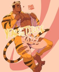 Rule 34 | 1boy, 2022, alternate costume, animal ears, animal print, bara, bare pectorals, barefoot, bear ears, black hair, blood, blood on hands, bulge, censored, censored by text, chest hair, chinese zodiac, commission, dark-skinned male, dark skin, erection, erection under clothes, facial hair, full body, grey male underwear, heart, highres, ho tdoug, hood, hood down, indie virtual youtuber, large pectorals, looking at viewer, male focus, male underwear, mature male, multicolored hair, muscular, muscular male, navel hair, nipples, pectorals, penis, rico osopina, scar, scar across eye, scar on face, scar on nose, shirt, short hair, sideburns, solo, stubble, tail, thick eyebrows, thick thighs, thighs, tiger print, tiger tail, tight clothes, tight shirt, torn clothes, two-tone hair, underwear, undressing, virtual youtuber, wardrobe malfunction, year of the tiger