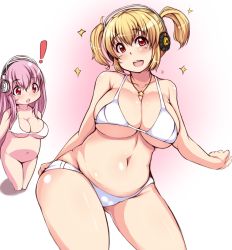 Rule 34 | !, 2girls, :d, :o, bad id, bad pixiv id, blonde hair, bottomless, bra, breasts, chibi, chibi inset, cleavage, headphones, huge breasts, jewelry, long hair, moisture (chichi), multiple girls, navel, necklace, nitroplus, open mouth, panties, plump, smile, sparkle, super pochaco, super sonico, underwear, underwear only, white bra, white panties