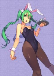Rule 34 | 1girl, animal ears, bare shoulders, black pantyhose, breasts, brown pantyhose, covered navel, fake animal ears, from below, green eyes, green hair, hatsune miku, leotard, long hair, matching hair/eyes, open mouth, pantyhose, playboy bunny, rabbit ears, small breasts, solo, tray, twintails, very long hair, vocaloid, wrist cuffs, yuksi