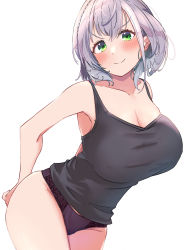 Rule 34 | 1girl, absurdres, bare shoulders, black panties, black shirt, blouse, blush, breasts, chilout tang, cleavage, collarbone, green eyes, highres, hololive, hololive fantasy, huge breasts, mole, mole on breast, no pants, panties, shirogane noel, shirt, short hair, silver hair, smile, solo, tank top, thighs, underwear, virtual youtuber, white background