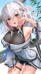 Rule 34 | 1girl, armpits, blue background, blush, breasts, cleavage, detached sleeves, green eyes, grey hair, hair between eyes, highres, hololive, large breasts, leotard, leotard under clothes, long hair, looking at viewer, necktie, official alternate costume, official alternate hair length, official alternate hairstyle, open mouth, ponytail, revision, shirogane noel, shirogane noel (5th costume), short shorts, shorts, solo, takahira (takahirac562), thigh strap, virtual youtuber