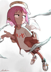 Rule 34 | 1girl, angel wings, backlighting, broken halo, character name, cigarette, film grain, fluorescent lamp, foreshortening, green eyes, grey socks, halo, hand up, highres, holding, holding cigarette, jacket, jacket partially removed, jonkumason, kyuupii-chan (jonkumason), long sleeves, looking to the side, o3o, open clothes, open jacket, original, pink hair, print shirt, pull cord, red jacket, shirt, shoes, short bangs, short hair, shorts, sidelocks, signature, smoke, sneakers, socks, solo, turning head, white background, white shirt, wings