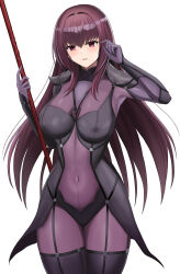 Rule 34 | 1girl, absurdres, armor, bodysuit, breasts, covered navel, fate/grand order, fate (series), gae bolg (fate), hair between eyes, highres, higofushi, large breasts, long hair, looking at viewer, parted lips, pauldrons, polearm, purple bodysuit, purple hair, red eyes, scathach (fate), shoulder armor, solo, spear, thighs, weapon