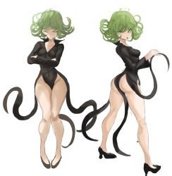 Rule 34 | 1girl, 2021, ass, bare legs, covered navel, crossed arms, curly hair, closed eyes, from behind, green eyes, green hair, high heels, highres, looking at viewer, medium hair, multiple views, one-punch man, open mouth, pelvic curtain, rakeemspoon, tagme, tatsumaki, toned, white background