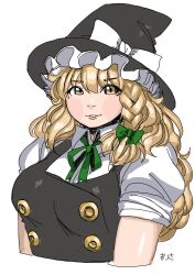 Rule 34 | 1girl, artist name, black dress, black hat, blonde hair, blush, bow, braid, breasts, collared shirt, cropped torso, dress, frilled headwear, green ribbon, hat, hat bow, highres, kirisame marisa, long hair, looking at viewer, medium breasts, neck ribbon, parted lips, ribbon, shirt, short sleeves, side braid, smile, solo, touhou, upper body, utoka, white background, white bow, witch hat, yellow eyes