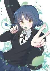 Rule 34 | 1girl, absurdres, black sweater, blue hair, blue skirt, blush, bocchi the rock!, collared shirt, commentary request, falling leaves, giorgio (yo sumire sola1), guitar case, hair ornament, hairclip, highres, instrument case, instrument on back, leaf, long sleeves, looking at viewer, mole, mole under eye, pleated skirt, shirt, short hair, skirt, solo, sweater, v, white shirt, yamada ryo, yellow eyes