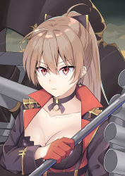 Rule 34 | 1girl, absurdres, alternate breast size, azur lane, black choker, breasts, brown hair, cannon, choker, cleavage, collarbone, earrings, gloves, hair between eyes, half gloves, highres, holding, holding staff, jean bart (azur lane), jewelry, long hair, machinery, medium breasts, red eyes, red gloves, satuki 518, solo, staff, upper body