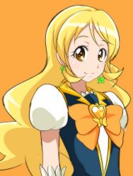 Rule 34 | 10s, 1girl, alternate hairstyle, blonde hair, brooch, cure honey, earrings, eyelashes, hair down, happinesscharge precure!, happy, heart, heart brooch, highres, jabara tornado, jewelry, long hair, looking at viewer, magical girl, oomori yuuko, orange background, portrait, precure, puffy sleeves, ribbon, shirt, simple background, sketch, smile, solo, standing, vest, wrist cuffs, yellow eyes