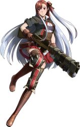 Rule 34 | 00s, 10s, 1girl, black ribbon, brown eyes, brown gloves, brown hair, full body, gloves, gun, hair ribbon, holding, holding gun, holding weapon, knife, matching hair/eyes, military, military uniform, multicolored hair, one side up, pleated skirt, red skirt, ribbon, riela marcellis, rifle, senjou no valkyria (series), senjou no valkyria 3, silver hair, skirt, solo, transparent background, two-tone hair, uniform, weapon