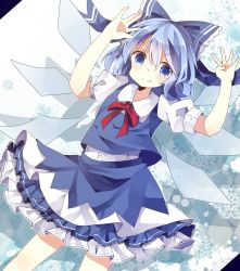 Rule 34 | 1girl, arms up, blue eyes, blue hair, bow, cirno, frilled skirt, frills, hair bow, looking at viewer, matching hair/eyes, neck ribbon, puffy short sleeves, puffy sleeves, red ribbon, ribbon, sanasanayukikuni, shirt, short sleeves, skirt, skirt set, smile, snowflakes, solo, touhou, white shirt, wings