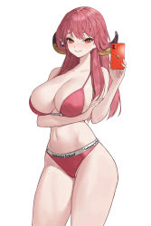 Rule 34 | 1girl, alternate costume, aru (blue archive), bare arms, bare legs, bare shoulders, bikini, blue archive, blush, breasts, cellphone, cleavage, closed mouth, collarbone, cowboy shot, groin, hair between eyes, highres, holding, holding phone, horns, huge breasts, kou (kokounene), long hair, looking at viewer, navel, orange eyes, phone, red bikini, red hair, selfie, simple background, skindentation, smartphone, smile, solo, standing, swimsuit, thighs, white background