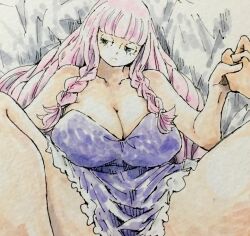 Rule 34 | 1boy, 1girl, bare legs, bare shoulders, bed, black eyes, breasts, cleavage, drill hair, gamenamepuipui, hetero, highres, holding hands, implied sex, large breasts, legs apart, long hair, looking to the side, missionary, on bed, one piece, perona, very long hair