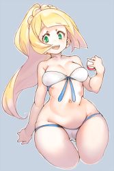 Rule 34 | 1girl, bikini, blonde hair, breasts, cleavage, creatures (company), curvy, game freak, green eyes, lillie (pokemon), medium breasts, nintendo, pokemon, pokemon sm, sachito, simple background, solo, swimsuit, thighs, wide hips