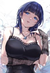 Rule 34 | 1girl, arm under breasts, armpit crease, artist name, asaka karin, bare shoulders, black dress, blue eyes, blue hair, blunt bangs, breasts, buttons, cleavage, collar, commentary, detached sleeves, dress, earrings, fingernails, grey background, hand up, head tilt, heart, heart print, highres, jewelry, kuziaaizuk, lace, lace-trimmed dress, lace sleeves, lace trim, large breasts, light blush, light particles, looking at viewer, love live!, love live! nijigasaki high school idol club, medium hair, necklace, parted lips, pendant, print sleeves, signature, sleeveless, sleeveless dress, sleeves past wrists, smile, solo, spaghetti strap, stud earrings, two-tone background, upper body, white background, zozotown