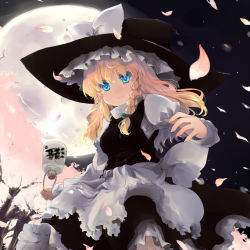 Rule 34 | 1girl, blonde hair, blue eyes, bottle, braid, cherry blossoms, female focus, hat, kirisame marisa, long hair, moon, night, petals, shin (new), smile, solo, touhou, witch, witch hat