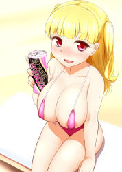 Rule 34 | 1girl, areola slip, bad id, bad pixiv id, bikini, bikini top only, blonde hair, blush, breasts, can, collarbone, covered erect nipples, english text, fang, holding, holding can, kuase, large breasts, long hair, micro bikini, micro bikini top, nose blush, open mouth, pink bikini, red eyes, sitting, smile, solo, sweat, swimsuit, tokyo 7th sisters, two side up, uesugi u. kyouko, wavy mouth