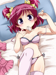 Rule 34 | 00s, 1girl, bed, blush, bra, condom, condom in mouth, condom wrapper, hair ribbon, hand on own chest, leg up, lingerie, lying, matsushima kei, mouth hold, on back, panties, pillow, pink hair, precure, purple eyes, ribbon, short hair, short twintails, side-tie panties, solo, strap slip, thighhighs, twintails, two side up, underwear, underwear only, white thighhighs, yes! precure 5, yumehara nozomi