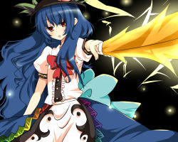 Rule 34 | 1girl, bad id, bad pixiv id, black background, blue hair, female focus, food, fruit, hat, highres, hinanawi tenshi, long hair, peach, ribbon, solo, standing, sword, sword of hisou, touhou, umi (umi02), weapon