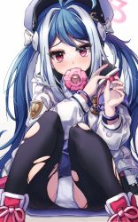 Rule 34 | 1girl, ahoge, black legwear, blue archive, blue hair, blue necktie, blush, bound, bound wrists, bow, collared shirt, commentary request, cuffs, eyelashes, fubuki (blue archive), full body, hair between eyes, hair bow, halo, handcuffs, hat, highres, in mouth, jacket, long hair, long sleeves, looking at viewer, multicolored hair, necktie, panties, pantyshot, pink eyes, pink footwear, ripnte, shirt, shoes, simple background, sitting, sneakers, solo, spread legs, torn clothes, torn legwear, twintails, two-tone hair, underwear, white background, white bow, white hair, white panties, white shirt, white sleeves