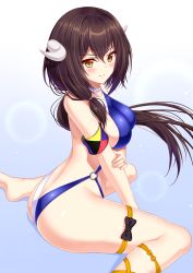 Rule 34 | 1girl, azur lane, back, bad id, bad pixiv id, blue background, blue one-piece swimsuit, blush, breasts, brown hair, gradient background, hand on own arm, horns, large breasts, long hair, looking at viewer, mikasa (azur lane), one-piece swimsuit, ponytail, shibata rai, sideboob, sidelocks, sitting, smile, solo, swimsuit, thigh strap, two-tone swimsuit, wariza, white background, white one-piece swimsuit, yellow eyes, z-flag