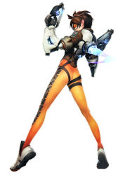 Rule 34 | 1girl, absurdres, ass, brown eyes, brown hair, dual wielding, goggles, gun, handgun, highres, holding, iwai ryou, legs, long legs, looking at viewer, looking back, overwatch, overwatch 1, pistol, short hair, skin tight, solo, tracer (overwatch), weapon, white background