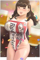 Rule 34 | 1girl, :d, alcohol, armpit crease, bare shoulders, beer, beer mug, blunt bangs, blush, border, breasts, brown eyes, brown hair, budweiser, casual one-piece swimsuit, collarbone, commentary request, confetti, cowboy shot, cup, curvy, dot nose, groin, hair over shoulder, half-closed eyes, highleg, highleg leotard, highres, large breasts, legs together, leotard, long hair, looking at viewer, mole, mole under eye, mug, one-piece swimsuit, open mouth, original, outside border, print swimsuit, product placement, ryokucha michi, sleeveless, smile, solo, standing, swimsuit, thighs, tsurime, white border
