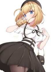Rule 34 | 1girl, black skirt, blonde hair, blue eyes, blush, bob cut, breasts, bubble tea, collarbone, commentary, cup, disposable cup, drink, drinking, drinking straw, drinking straw in mouth, english commentary, frilled shirt, frills, hair ornament, hashira 14, hat, heart, highres, holding, holding drink, hololive, hololive english, jewelry, looking at viewer, off shoulder, official alternate costume, official alternate hairstyle, pantyhose, shirt, short hair, skirt, solo, virtual youtuber, watson amelia, watson amelia (street casual), white shirt, yellow nails, zipper skirt