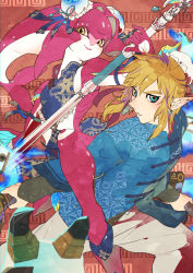 Rule 34 | 1boy, 1girl, blue eyes, blue shirt, chinese clothes, colored skin, earrings, jewelry, kandori makoto, link, looking at viewer, mipha, nintendo, pointy ears, red skin, shirt, sidelocks, smile, staff, the legend of zelda, the legend of zelda: breath of the wild, yellow eyes