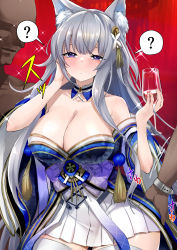 Rule 34 | 1girl, 2boys, ?, absurdres, animal ear fluff, animal ears, azur lane, bald, blue collar, blue kimono, breasts, collar, cowboy shot, cup, dark-skinned male, dark skin, drunk, fox ears, fox girl, grey hair, hand on another&#039;s ass, highres, holding, holding cup, huge breasts, japanese clothes, kimono, long hair, long sleeves, multiple boys, purple eyes, red background, shinano (azur lane), simple background, skirt, skirt under kimono, standing, thighhighs, very long hair, watch, white skirt, white thighhighs, wide sleeves, wristwatch, zou333