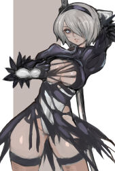 Rule 34 | 1girl, black dress, black hairband, blue eyes, boots, breasts, cleavage, cleavage cutout, clothing cutout, dakusuta, dress, feather-trimmed sleeves, hairband, highres, holding, holding weapon, juliet sleeves, leotard, long sleeves, medium breasts, mole, mole under mouth, nier (series), nier:automata, no blindfold, puffy sleeves, silver hair, solo, sword, thighhighs, thighhighs under boots, torn clothes, weapon, white leotard, 2b (nier:automata)