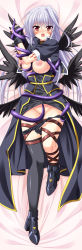 Rule 34 | 1girl, bed sheet, black wings, blush, boots, breasts, breasts out, dakimakura (medium), endori, facial mark, fingerless gloves, full body, gloves, highres, large breasts, long hair, long image, lying, lyrical nanoha, mahou shoujo lyrical nanoha, mahou shoujo lyrical nanoha a&#039;s, mahou shoujo lyrical nanoha the movie 2nd a&#039;s, multiple wings, nipples, open mouth, panties, panty pull, pussy juice, reinforce, silver hair, single hair intake, single thighhigh, solo, tall image, tears, tentacles, thighhighs, underwear, wings