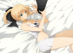 Rule 34 | 1boy, 1girl, ahoge, artoria pendragon (all), artoria pendragon (fate), bed sheet, black bow, blonde hair, blue eyes, bow, breasts, cleavage, clothes lift, collarbone, fate/grand order, fate (series), groin, hair between eyes, hair bow, high ponytail, holding another&#039;s wrist, long hair, long sleeves, lying, miniskirt, navel, off shoulder, on back, pikoguramyu, pleated skirt, saber lily, shirt, shirt lift, skirt, sleeveless, sleeveless shirt, small breasts, v-shaped eyebrows, white shirt, white skirt