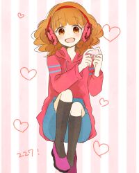 1girl bemani black_socks blue_sky blunt_bangs blush brown_eyes brown_hair drawstring earmuffs hood hoodie open_mouth pink_hoodie pop&#039;n_music purple_footwear rie-chan ritard shoes short_hair sky socks solo striped_background