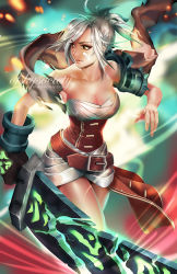 Rule 34 | 1girl, alice jing, bare shoulders, breasts, cleavage, glowing, glowing weapon, grey hair, huge weapon, league of legends, riven (league of legends), single glove, sword, weapon
