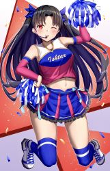 Rule 34 | 1girl, absurdres, alternate costume, bare shoulders, black hair, blue ribbon, blue skirt, blue thighhighs, blush, breasts, character name, cheerleader, detached sleeves, fate/grand order, fate (series), full body, hair ornament, hair ribbon, headset, highres, ishtar (fate), jersey, large breasts, long sleeves, microphone, navel, one eye closed, parted lips, pom pom (cheerleading), red eyes, ribbon, skirt, solo, thighhighs, thighs, toukan, twintails, white footwear