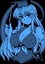 Rule 34 | 1girl, blue theme, breasts, cleavage, female focus, hat, kamishirasawa keine, large breasts, long hair, looking at viewer, macaroni and cheese (artist), monochrome, notebook, scroll, smile, solo, teacher, touhou
