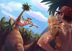 Rule 34 | absurdres, ash ketchum, barefoot, brown hair, casual nudity, climbing, completely nude, creatures (company), eltonel, exeggutor, flower, game freak, gen 1 pokemon, green hair, hat, hibiscus, highres, long hair, mallow (pokemon), navel, nintendo, nipples, nude, pikachu, pokemon, pokemon (creature), short hair, smile, tagme, twintails