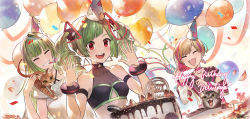 Rule 34 | 3girls, arm strap, balloon, birthday cake, cake, cat, character request, cleavage, closed eyes, clothing cutout, covered collarbone, delruki, delutaya, diagonal bangs, drill hair, earrings, food, green hair, happy birthday, highres, indie virtual youtuber, jewelry, jun wei, multiple girls, open mouth, red eyes, see-through, see-through cleavage, triangle earrings, triangle hair ornament, twin drills, underboob cutout, utaite, virtual youtuber