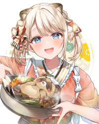 Rule 34 | 1girl, :d, absurdres, animal ear fluff, animal ears, anzu 1026, blonde hair, blue eyes, blush, commentary request, cooking pot, extra ears, food, frilled kimono, frills, hair ribbon, highres, holding, holding cooking pot, hololive, japanese clothes, kazama iroha, kimono, looking at viewer, open mouth, pink kimono, pokobee, ribbon, short hair, smile, solo, twintails, upper body, virtual youtuber