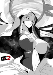 Rule 34 | 10s, 1girl, aragami, breasts, center opening, cloak, collarbone, copyright name, god eater, god eater 2: rage burst, greyscale, halo, hood, huge breasts, looking at viewer, looking down, monochrome, monster girl, navel, nyx alpha, open clothes, parted lips, shaded face, solo, watanuki kaname