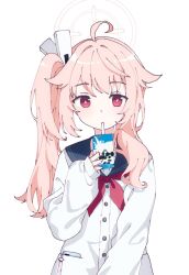 Rule 34 | 1girl, ahoge, black sailor collar, blue archive, buttons, cardigan, drink, drinking, drinking straw, drinking straw in mouth, halo, highres, holding, holding drink, long hair, migolu, milk carton, natsu (blue archive), neckerchief, pink hair, red eyes, red neckerchief, sailor collar, side ponytail, simple background, sleeves past wrists, solo, upper body, white background, white cardigan